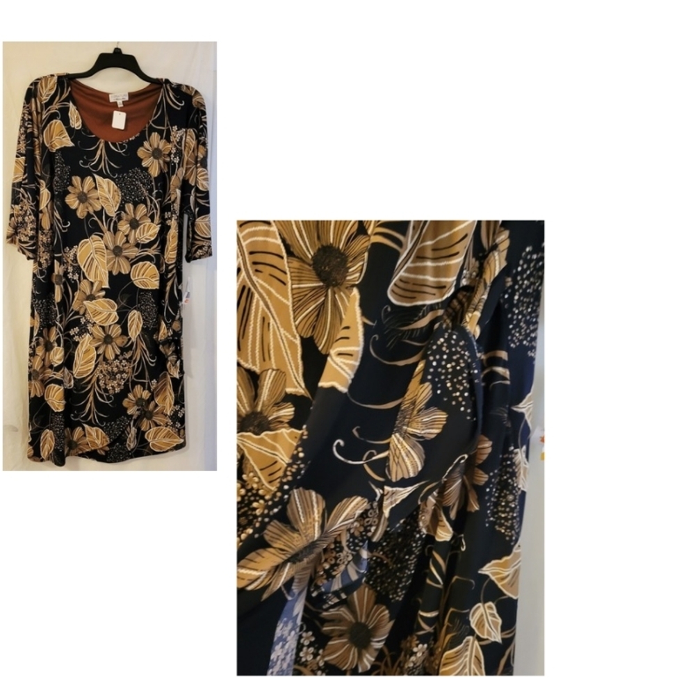 Signature by Robbie Bee Black and Tan Floral Midi Dress